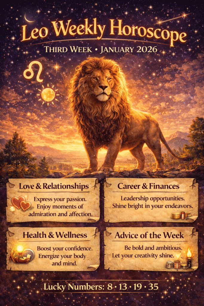Leo Weekly Horoscope Third Week Jan 2026: Strategic career success, educational investments, romantic bliss with spouse, and financial gains through partnership. Health remains excellent throughout.